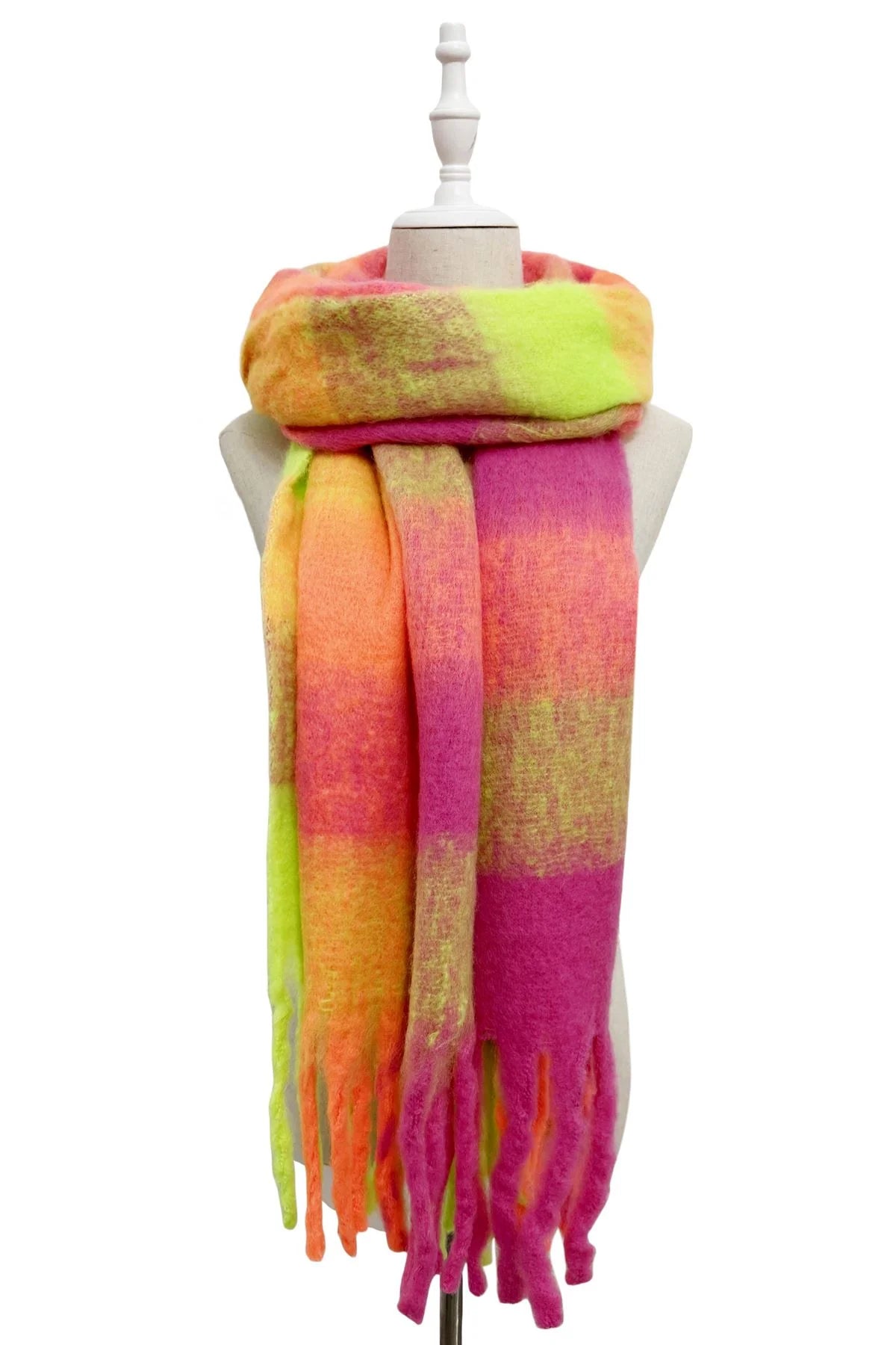 Multi Check Print Wool Tassel Scarf in Neon