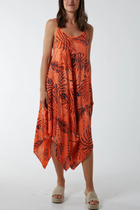 Palm Leaves Hanky Hem Dress in Orange