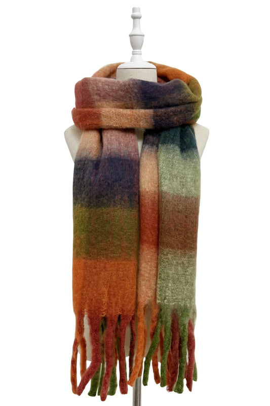 Multi Check Print Wool Tassel Scarf in Rust