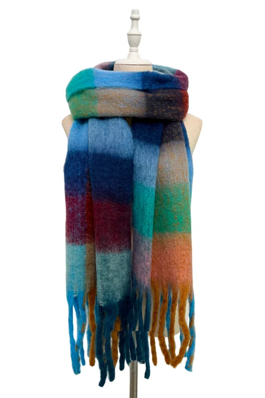 Oxford Blue Mixed Check Chunky Tassel Scarf