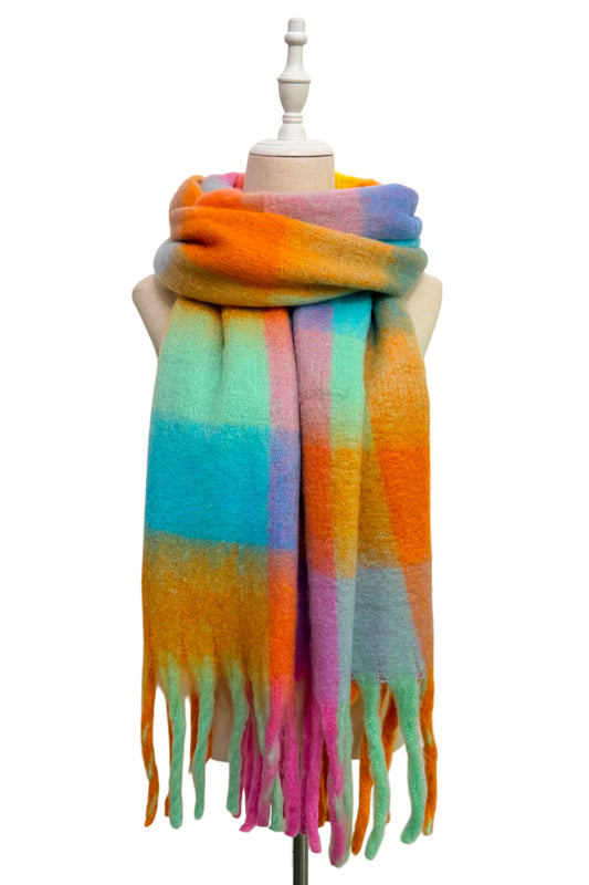 Pastel Pop Mixed Check Chunky Tassel Scarf