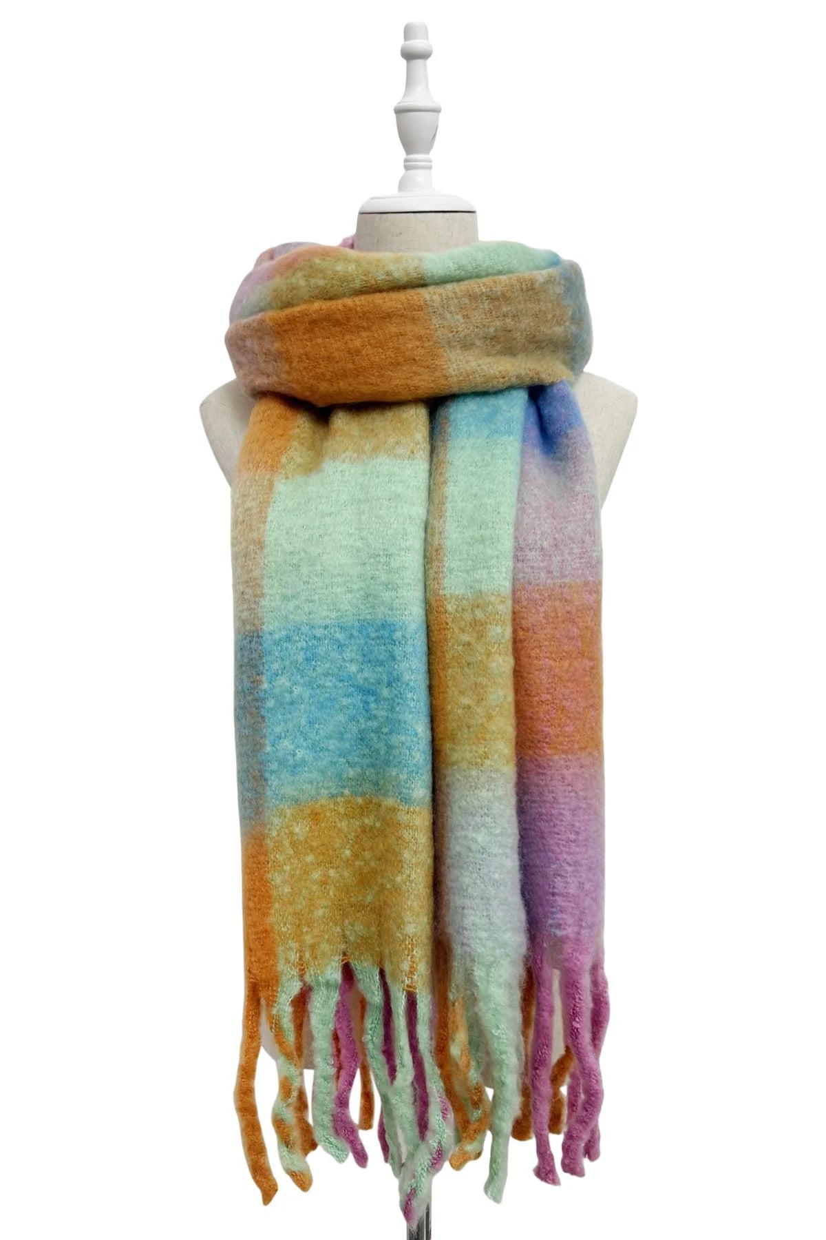 Multi Check Print Wool Tassel Scarf in Pink