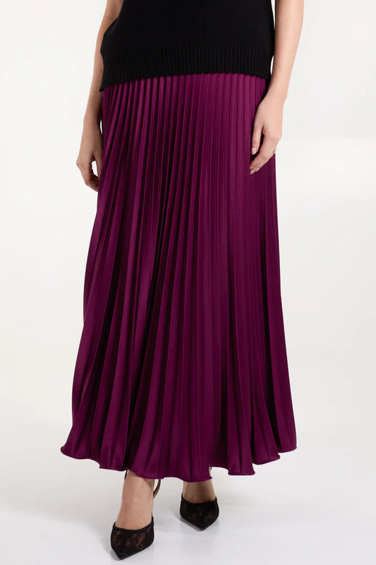 Satin Pleated Maxi Skirt in Aubergine