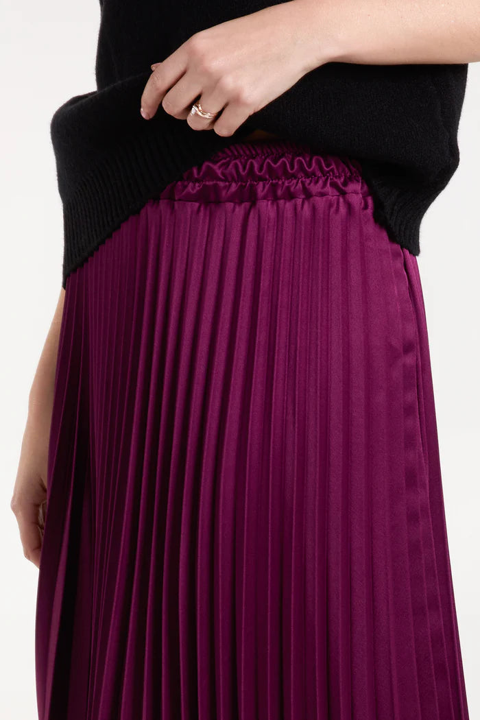 Satin Pleated Maxi Skirt in Aubergine