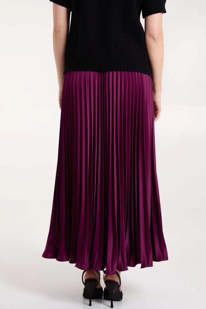 Satin Pleated Maxi Skirt in Aubergine