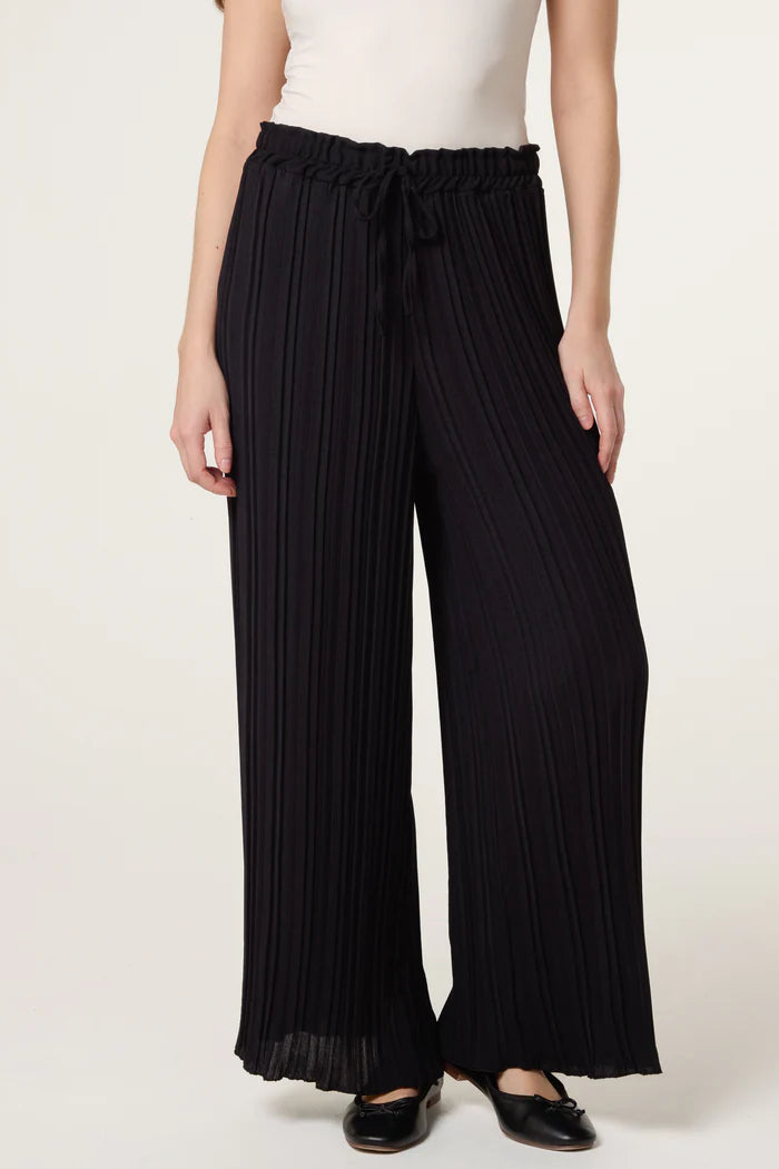 Black Wide Leg Plisse Drawstring Trousers