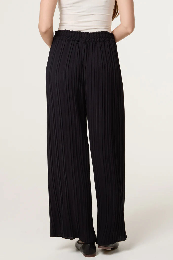 Black Wide Leg Plisse Drawstring Trousers