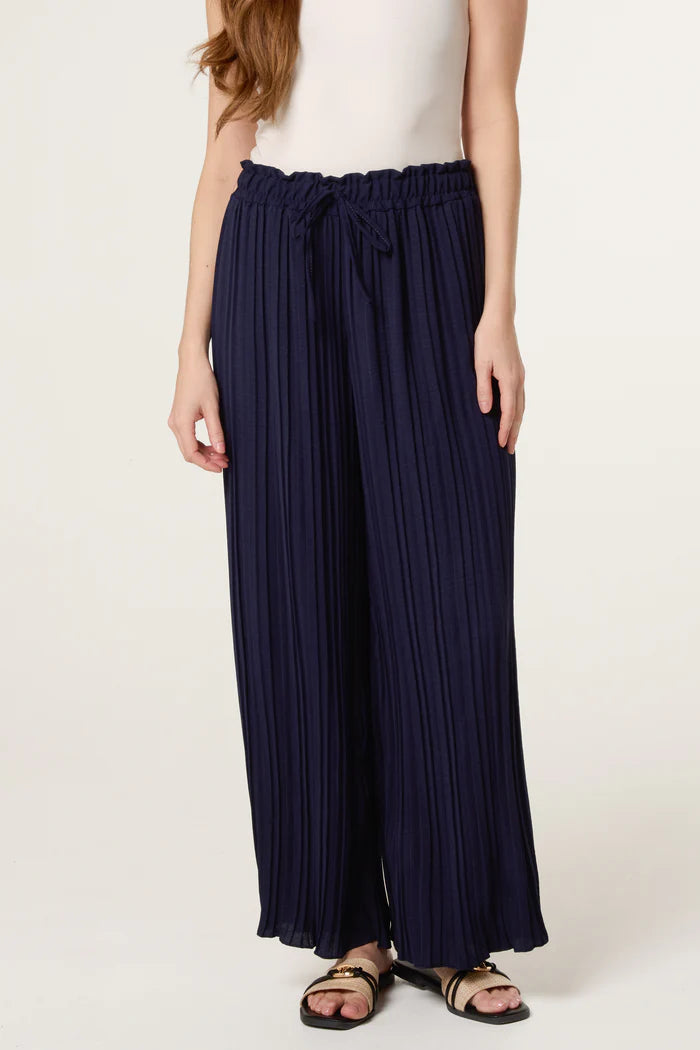 Navy Wide Leg Plisse Drawstring Trousers