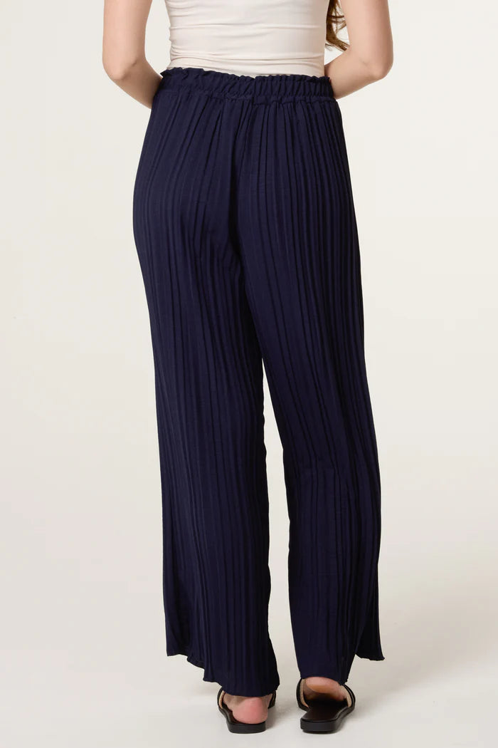 Navy Wide Leg Plisse Drawstring Trousers