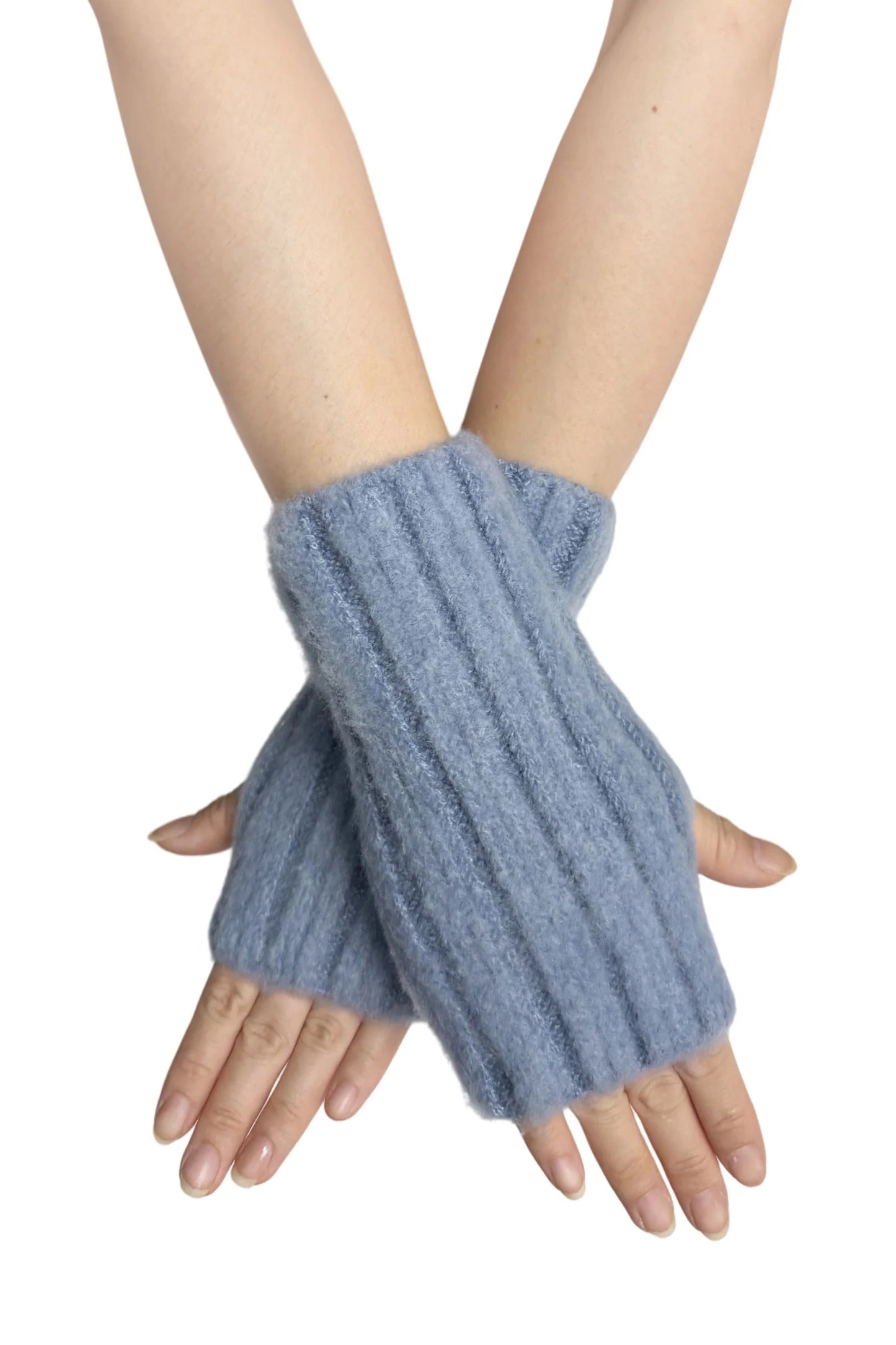 Cosy Plain Knitted Fingerless Gloves in Powder Blue