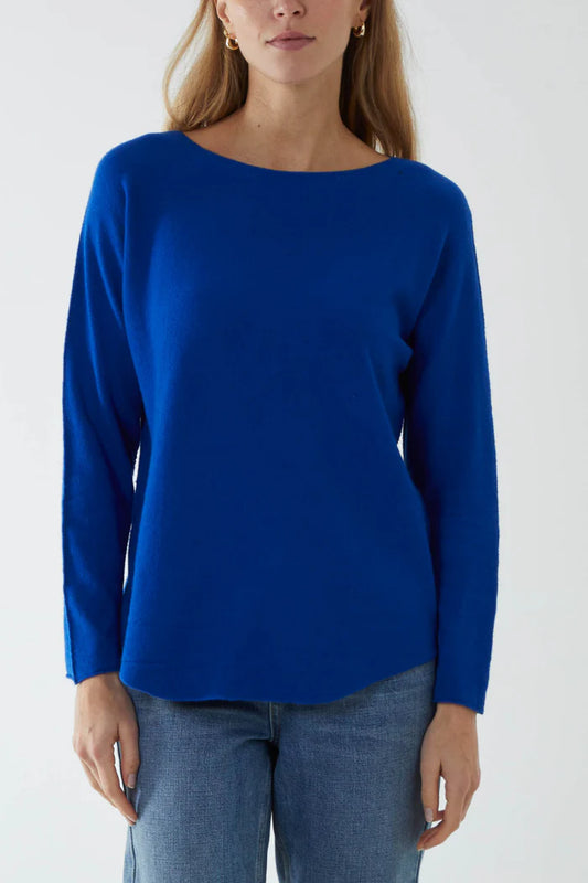 Boat Neck Raw Edge Jumper in Royal Blue