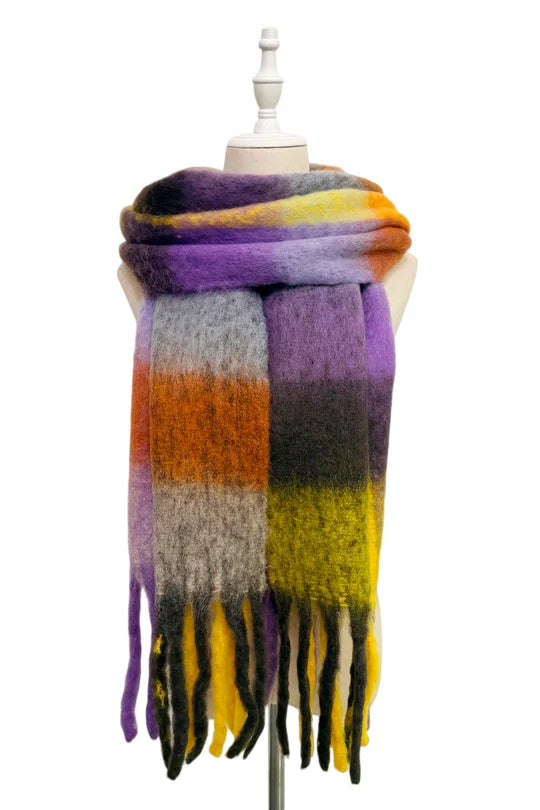 Smokey Violet Multi Check Chunky Tassel Scarf