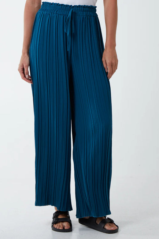 Wide Leg Plisse Drawstring Trousers in Teal