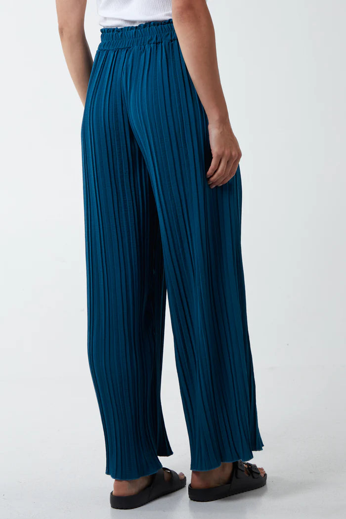 Wide Leg Plisse Drawstring Trousers in Teal