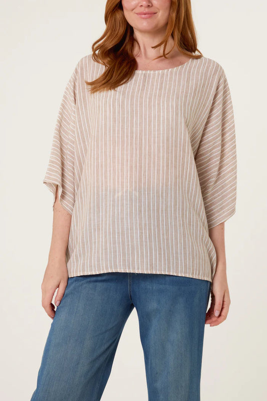 Cotton Blend Stripe Batwing Top in Mocha