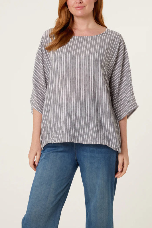 Cotton Blend Stripe Batwing Top in Black