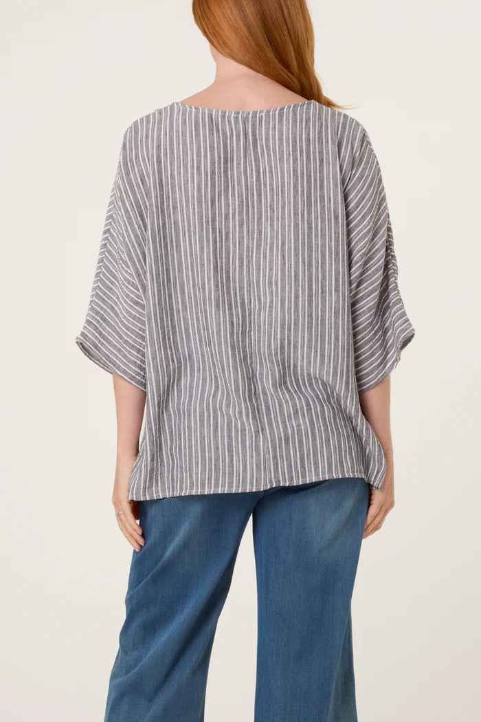 Cotton Blend Stripe Batwing Top in Black