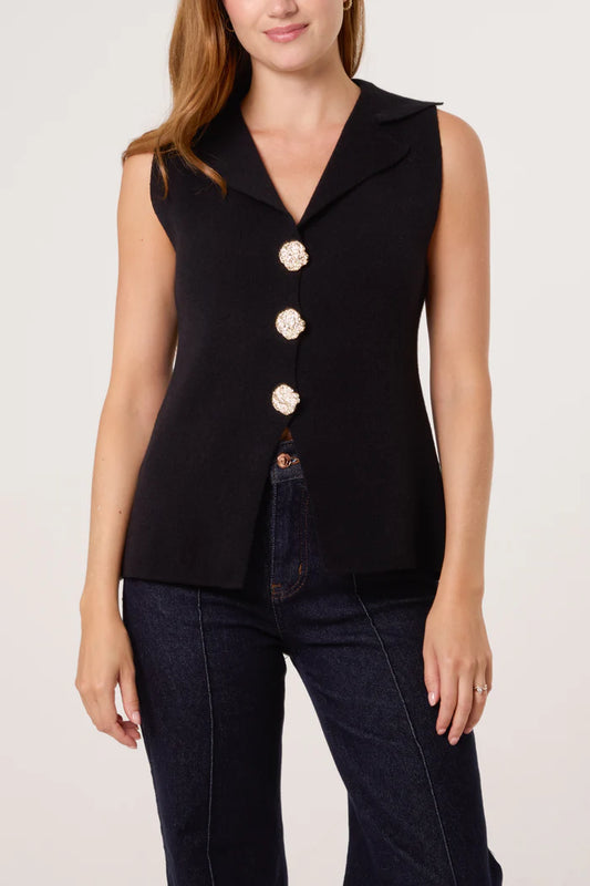 Gold Button Knitted Waistcoat in Black