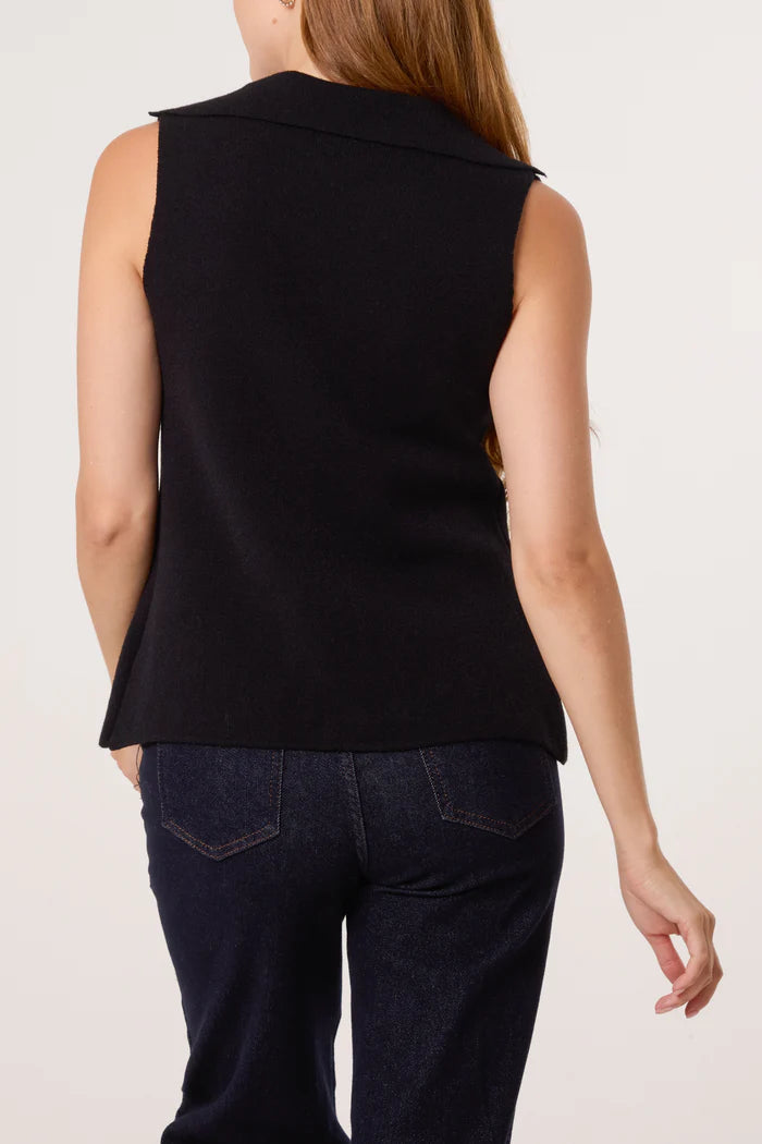 Gold Button Knitted Waistcoat in Black