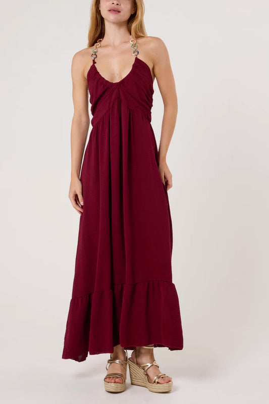 Halterneck Necklace Detail Dress in Wine