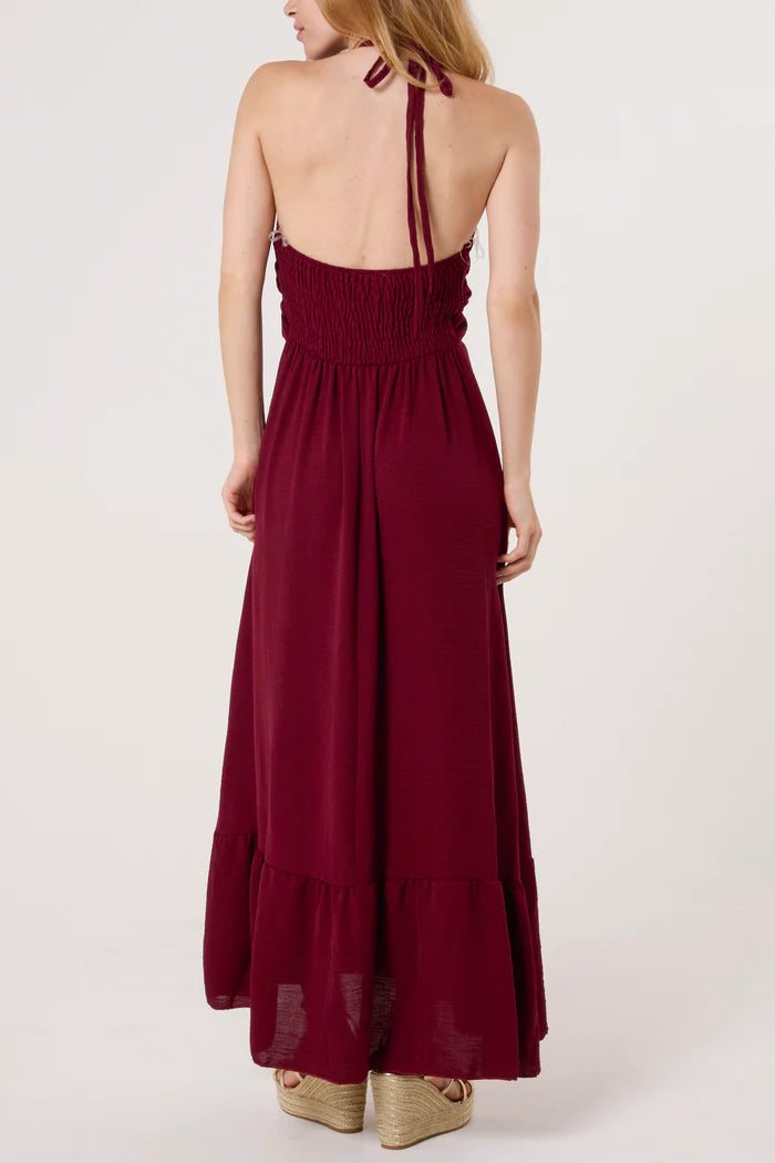 Halterneck Necklace Detail Dress in Wine